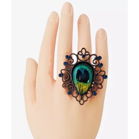 Betsey Johnson Peacock Ring Sz 7 Feather Big Statement Vegetable Garden Morocco - Picture 15 of 15